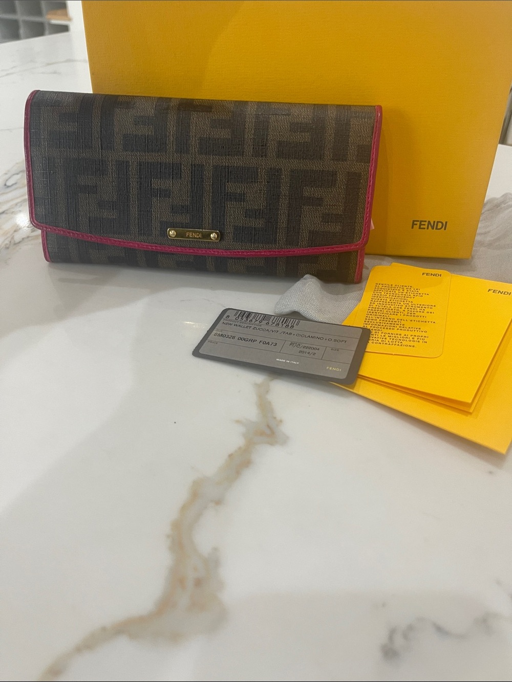 Fendi Zucca Browne Monogram Continental Wallet with Pink Trim and Gold Plaque